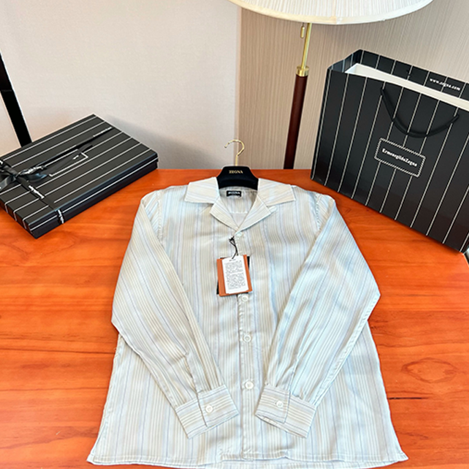 zegna camp collar striped long sleeve shirt